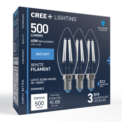 60W Replacement B10 White Filament Daylight Candelabra E12 Base Dimmable LED Light Bulb (3-Pack)