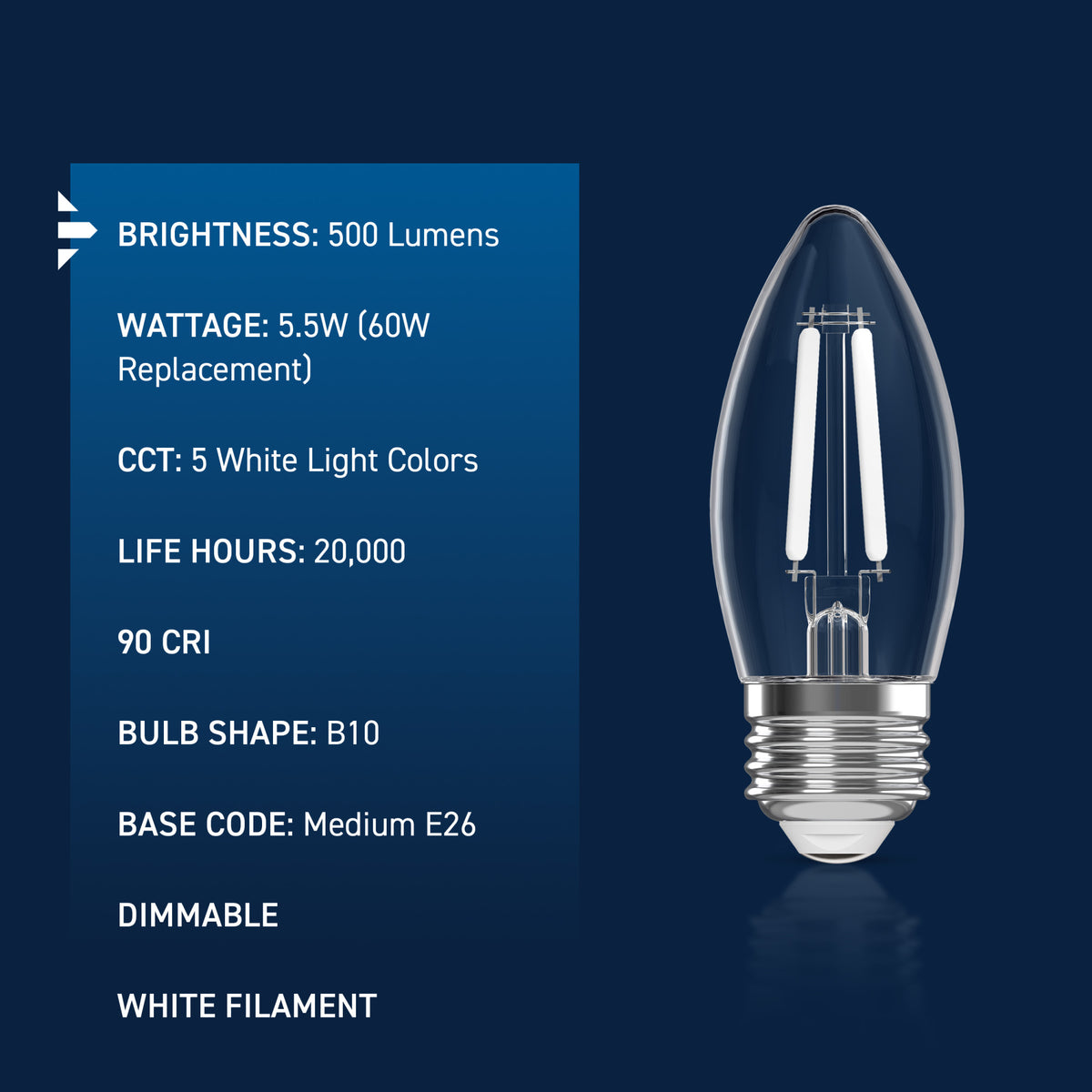 60W Replacement B10 White Filament Switchable White Medium E26 Base Dimmable LED Light Bulb (3-Pack)