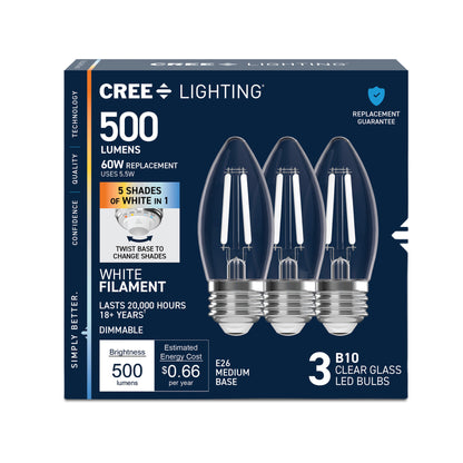 60W Replacement B10 White Filament Switchable White Medium E26 Base Dimmable LED Light Bulb (3-Pack)