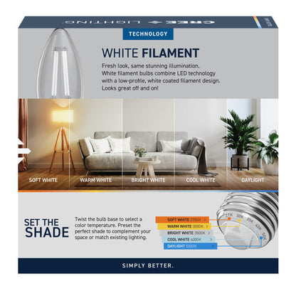 60W Replacement B10 White Filament Switchable White Medium E26 Base Dimmable LED Light Bulb (3-Pack)