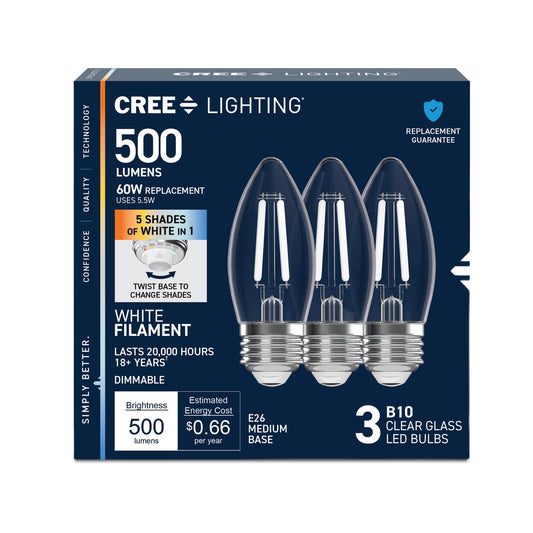 60W Replacement B10 White Filament Switchable White Medium E26 Base Dimmable LED Light Bulb (3-Pack)