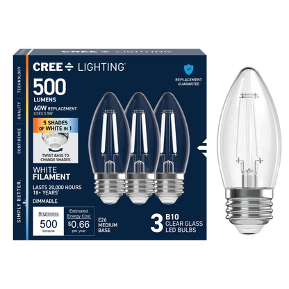 60W Replacement B10 White Filament Switchable White Medium E26 Base Dimmable LED Light Bulb (3-Pack)