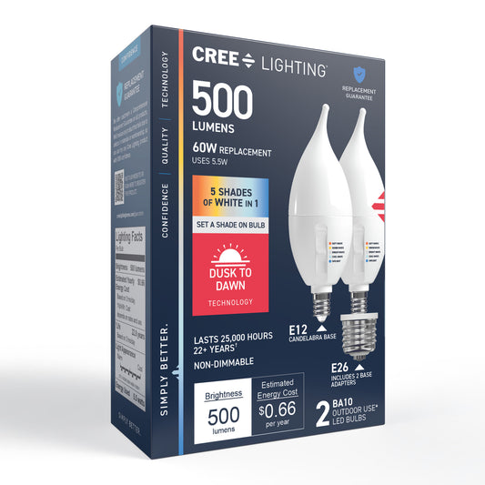 60W Replacement BA10 Dusk to Dawn Switchable White Candelabra E12 Base Non-Dimmable LED Light Bulb (2-Pack)