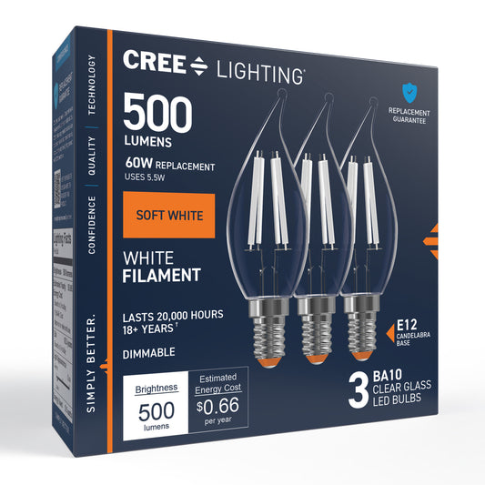 60W Replacement BA10 White Filament Soft White Candelabra E12 Base Dimmable LED Light Bulb (3-Pack)
