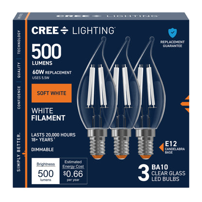 60W Replacement BA10 White Filament Soft White Candelabra E12 Base Dimmable LED Light Bulb (3-Pack)