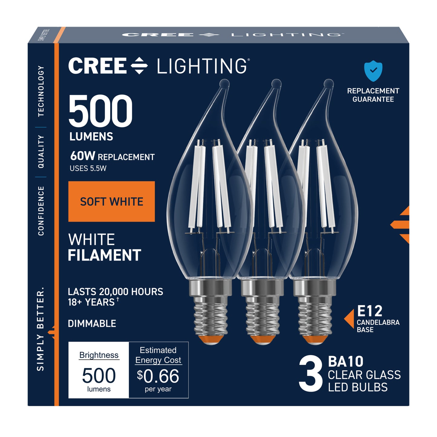 60W Replacement BA10 White Filament Soft White Candelabra E12 Base Dimmable LED Light Bulb (3-Pack)
