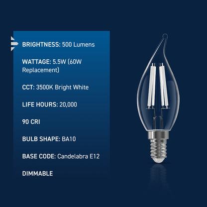 60W Replacement BA10 White Filament Bright White Candelabra E12 Base Dimmable LED Light Bulb (3-Pack)