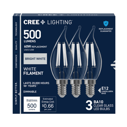 60W Replacement BA10 White Filament Bright White Candelabra E12 Base Dimmable LED Light Bulb (3-Pack)