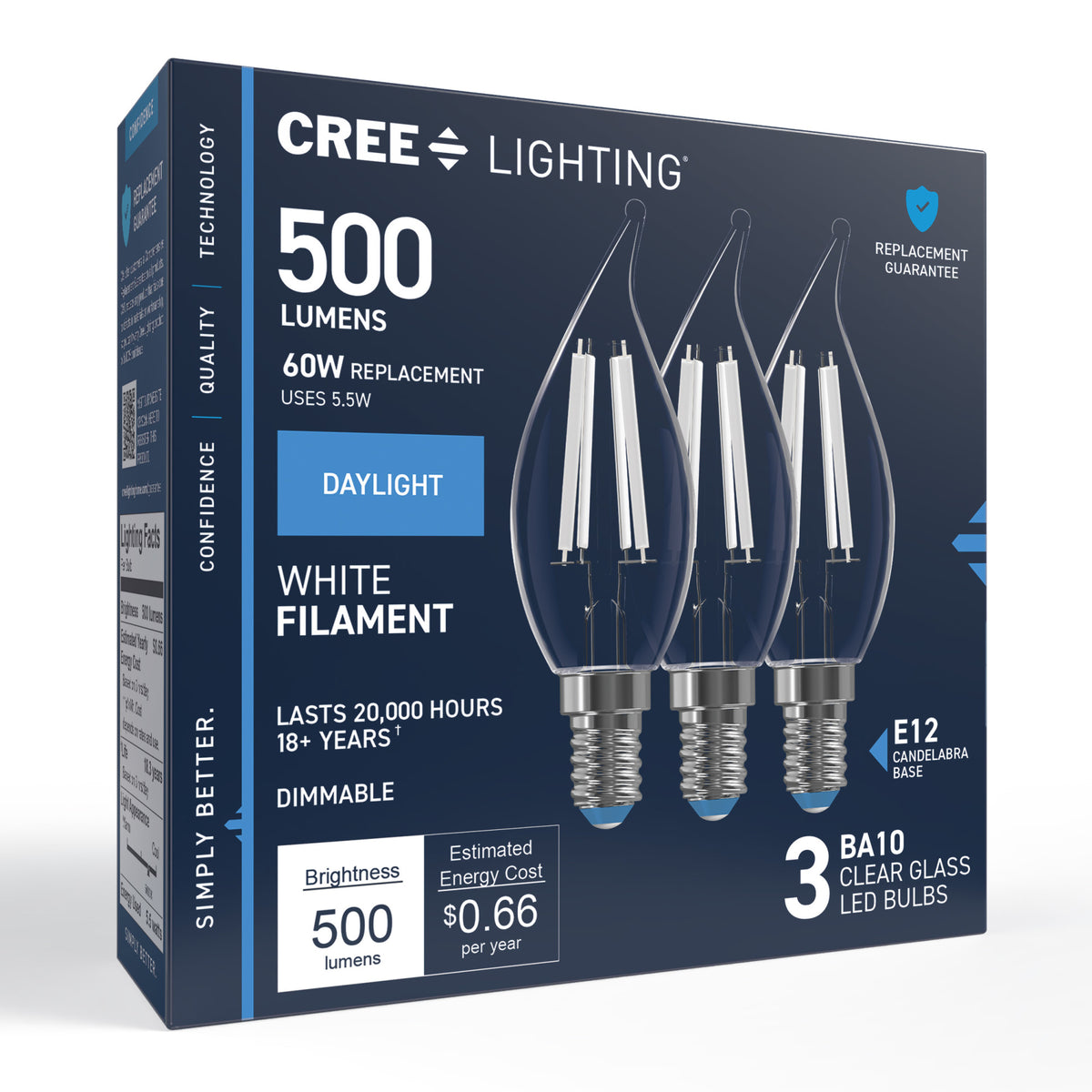 60W Replacement BA10 White Filament Daylight Candelabra E12 Base Dimmable LED Light Bulb (3-Pack)