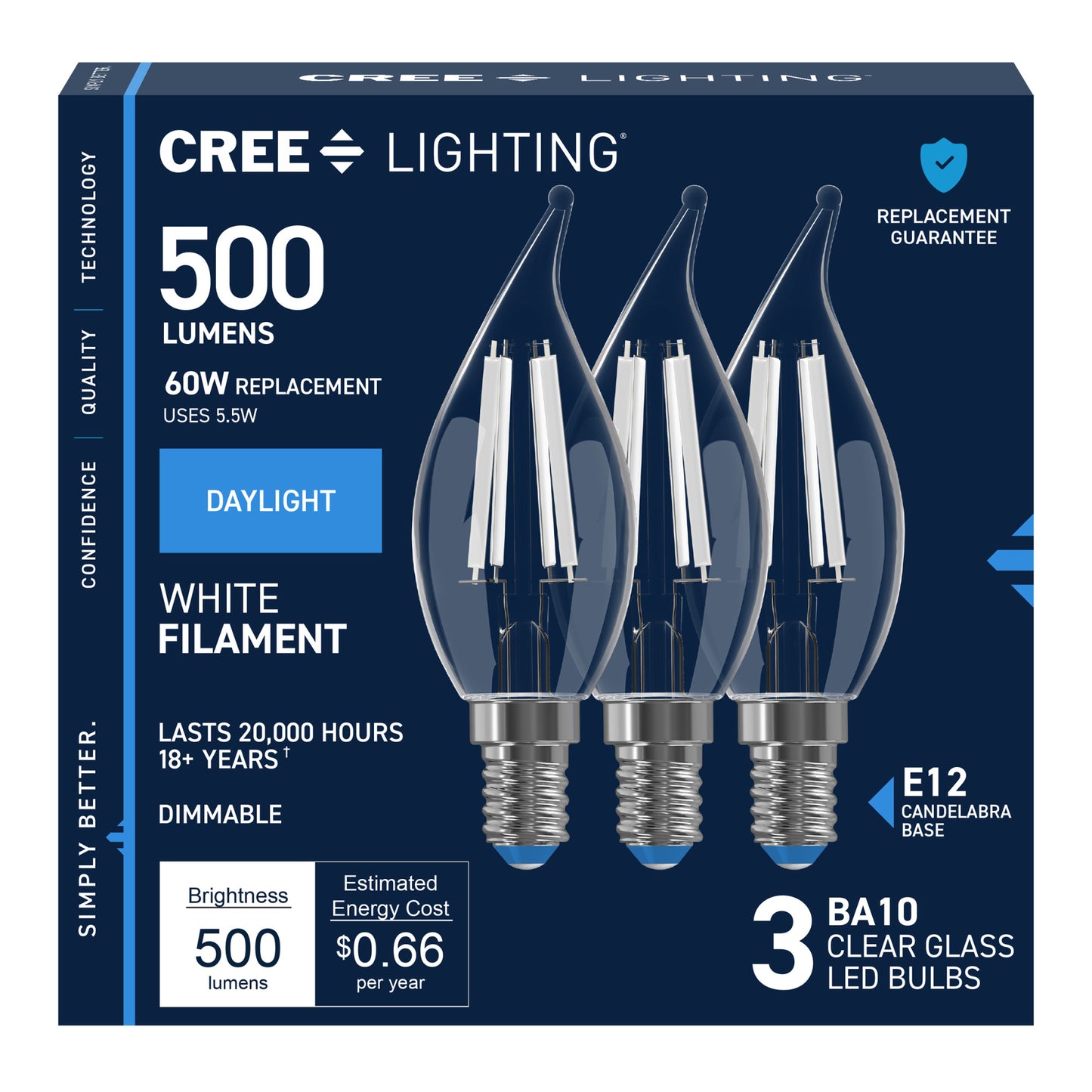 60W Replacement BA10 White Filament Daylight Candelabra E12 Base Dimmable LED Light Bulb (3-Pack)