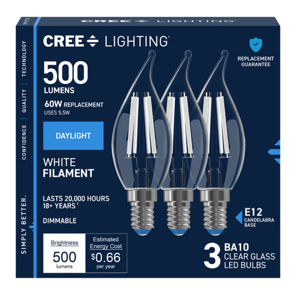 60W Replacement BA10 White Filament Daylight Candelabra E12 Base Dimmable LED Light Bulb (3-Pack)