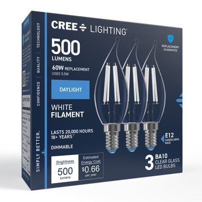 60W Replacement BA10 White Filament Daylight Candelabra E12 Base Dimmable LED Light Bulb (3-Pack)