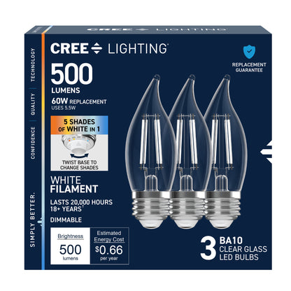 60W Replacement BA10 White Filament Switchable White Medium E26 Base Dimmable LED Light Bulb (3-Pack)