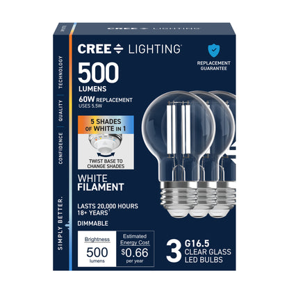 60W Replacement G16.5 White Filament Switchable White Medium E26 Base Dimmable LED Light Bulb (3-Pack)