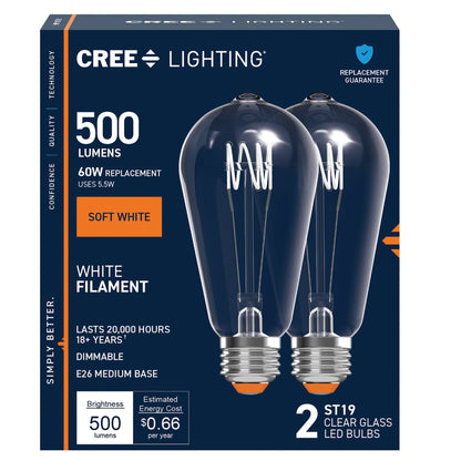 60W Replacement ST19 White Filament Soft White Medium E26 Base Dimmable LED Light Bulb (2-Pack)