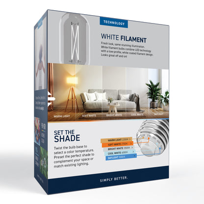 60W Replacement T18 White Filament Switchable White Medium E26 Base Dimmable LED Light Bulb (2-Pack)