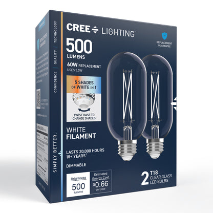 60W Replacement T18 White Filament Switchable White Medium E26 Base Dimmable LED Light Bulb (2-Pack)