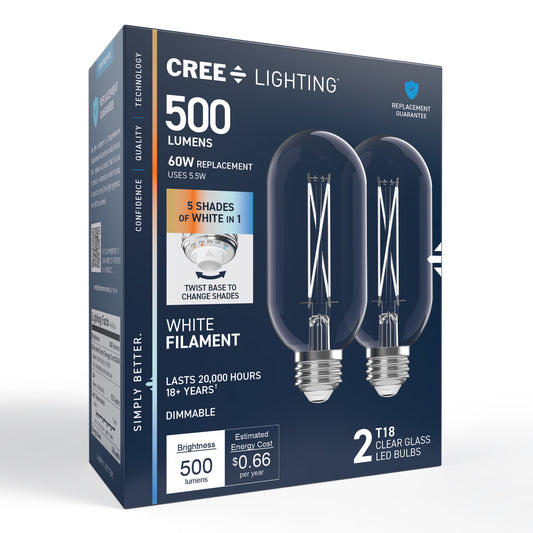 60W Replacement T18 White Filament Switchable White Medium E26 Base Dimmable LED Light Bulb (2-Pack)