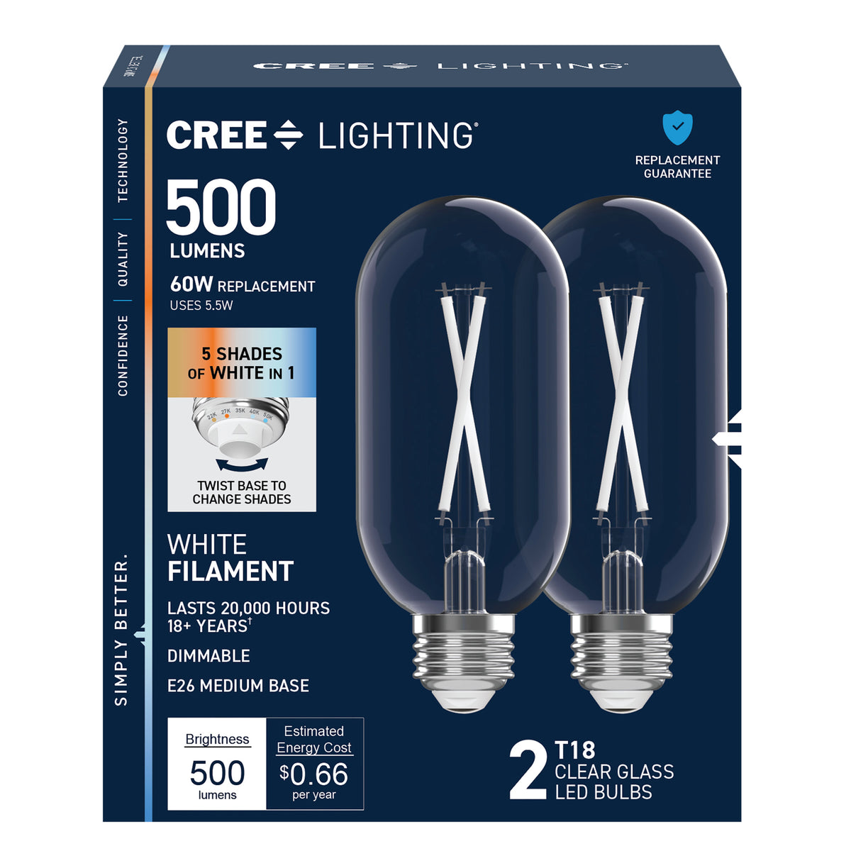 60W Replacement T18 White Filament Switchable White Medium E26 Base Dimmable LED Light Bulb (2-Pack)