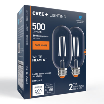 60W Replacement T18 White Filament Soft White Medium E26 Base Dimmable LED Light Bulb (2-Pack)