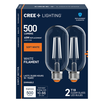 60W Replacement T18 White Filament Soft White Medium E26 Base Dimmable LED Light Bulb (2-Pack)