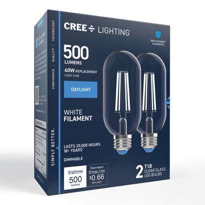 60W Replacement T18 White Filament Daylight Medium E26 Base Dimmable LED Light Bulb (2-Pack)