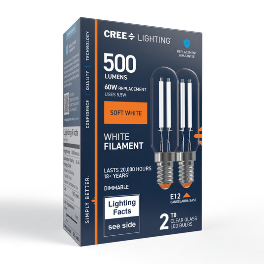 60W Replacement T8 White Filament Soft White Candelabra E12 Base Dimmable LED Light Bulb (2-Pack)