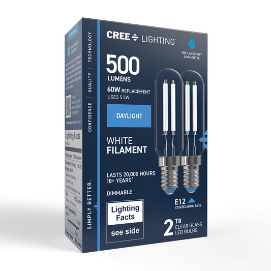 60W Replacement T8 White Filament Daylight Candelabra E12 Base Dimmable LED Light Bulb (2-Pack)