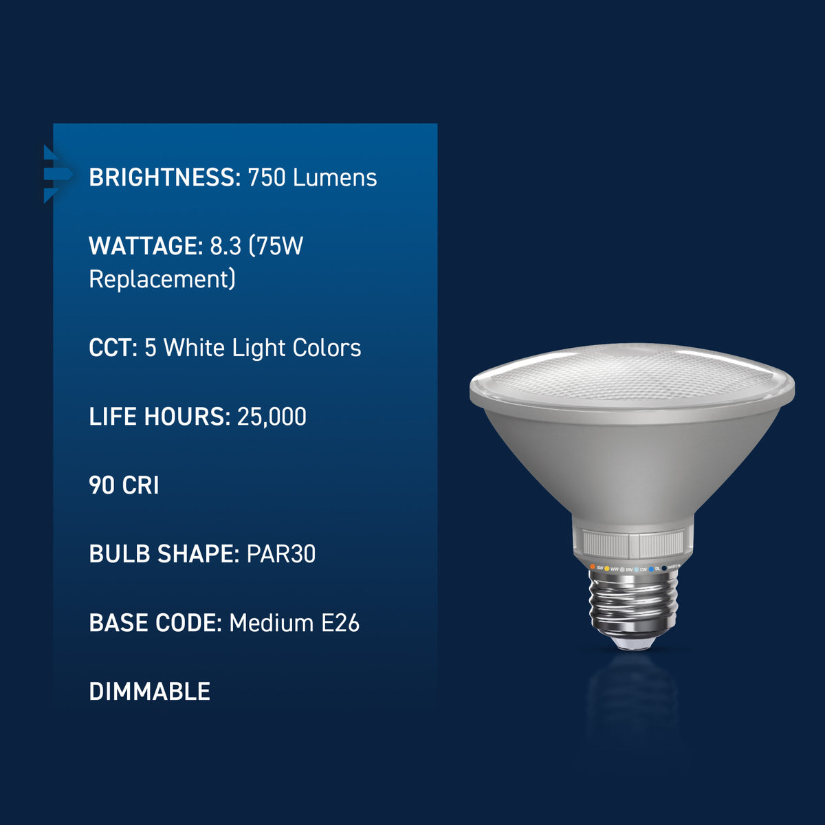 75W Replacement PAR30 5 Shades + Switch Mode Medium E26 Base Dimmable LED Light Bulb (2-Pack)
