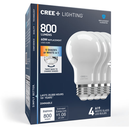 60W Replacement A19 Switchable White Medium E26 Base Dimmable LED Light Bulb (4-Pack)