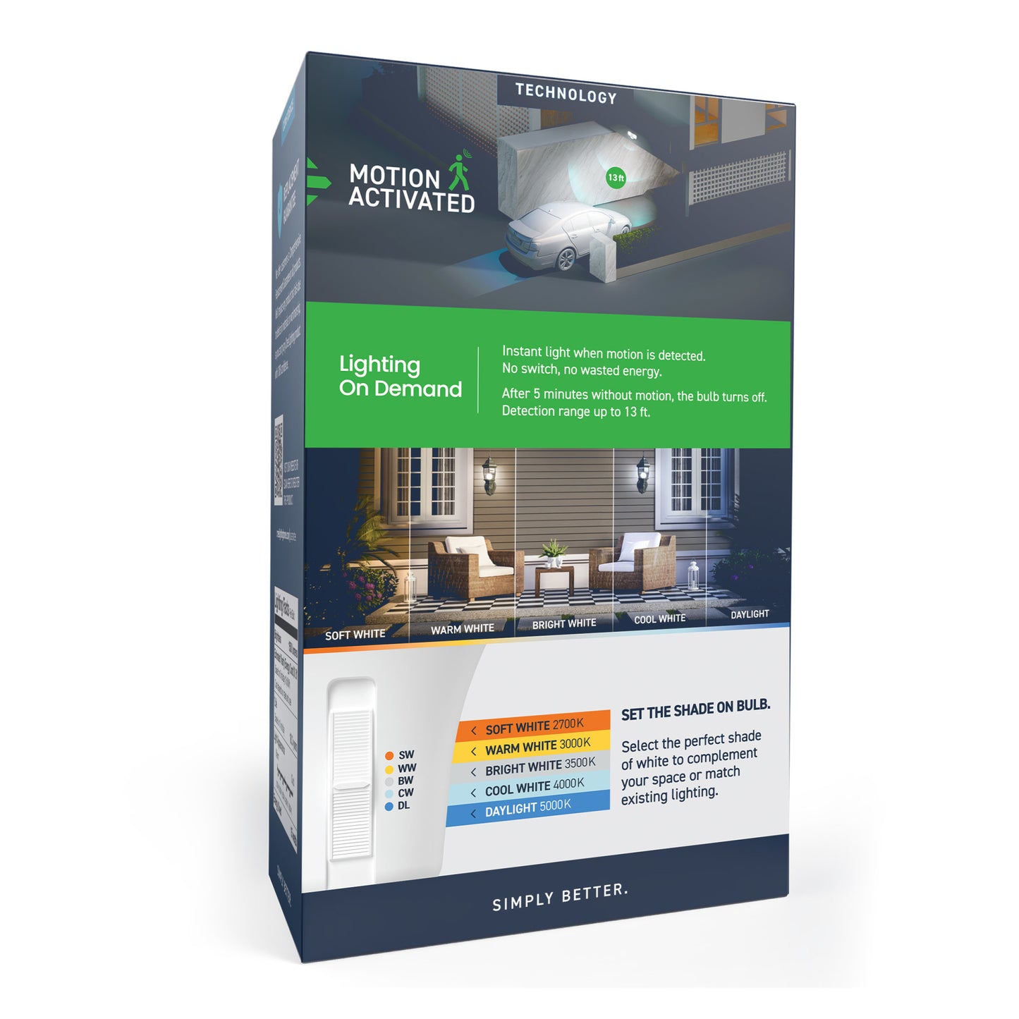 60W Replacement A19 Motion Activated Switchable White Medium E26 Base Non-Dimmable LED Light Bulb