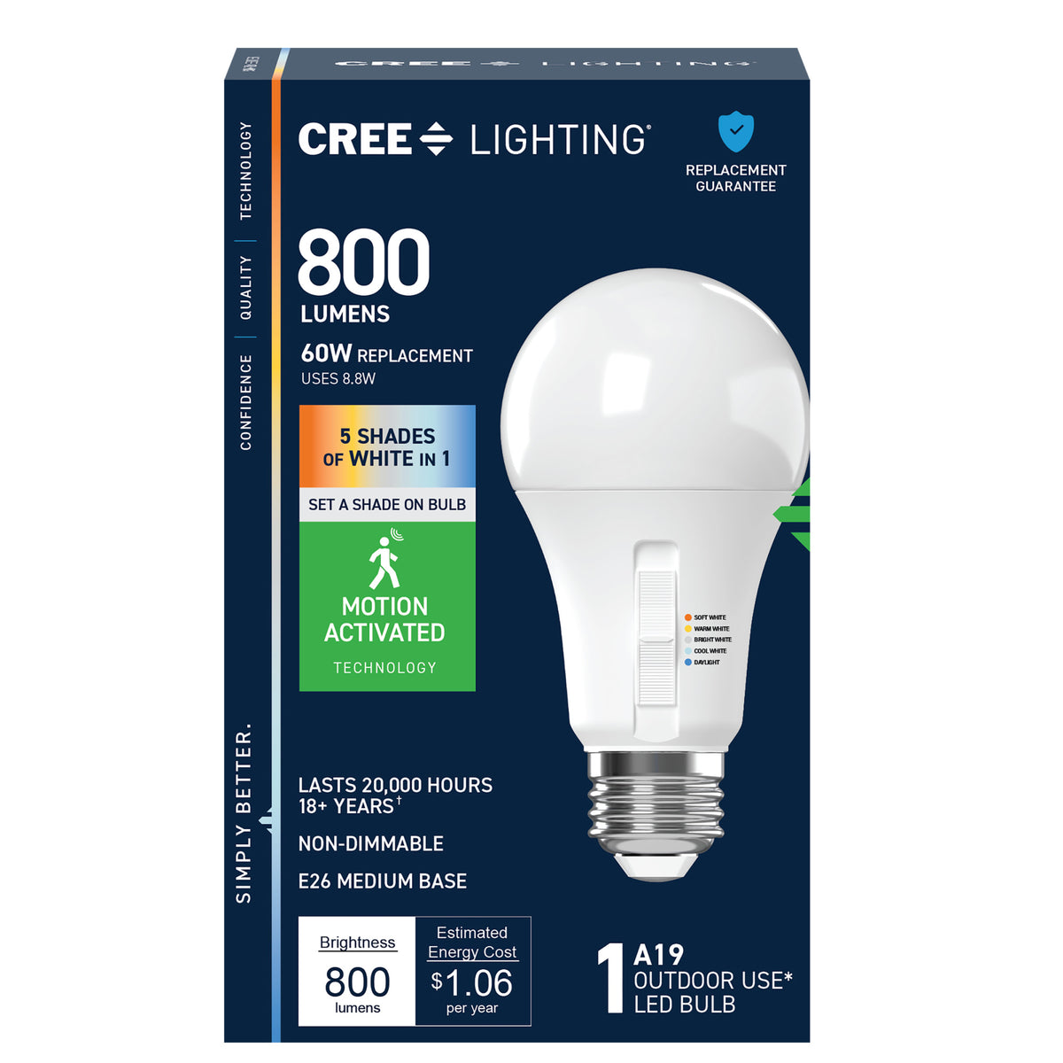 60W Replacement A19 Motion Activated Switchable White Medium E26 Base Non-Dimmable LED Light Bulb