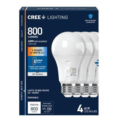60W Replacement A19 5 Shades + Switch Mode Medium E26 Base Dimmable LED Light Bulb (4-Pack)