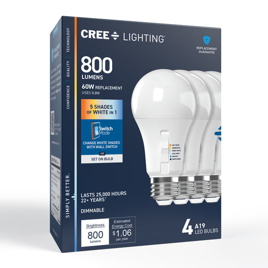 60W Replacement A19 5 Shades + Switch Mode Medium E26 Base Dimmable LED Light Bulb (4-Pack)