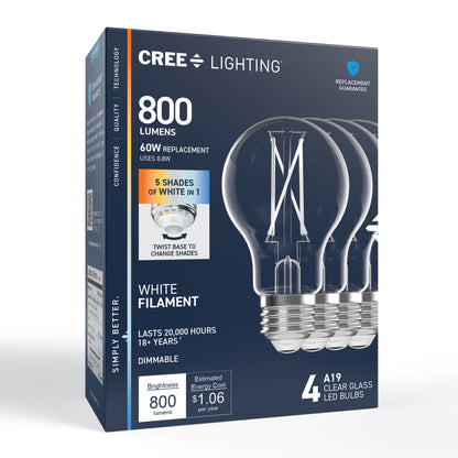 60W Replacement A19 White Filament Switchable White Medium E26 Base Dimmable LED Light Bulb (4-Pack)