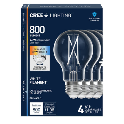60W Replacement A19 White Filament Switchable White Medium E26 Base Dimmable LED Light Bulb (4-Pack)