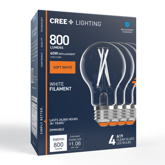 60W Replacement A19 White Filament Soft White Medium E26 Base Dimmable LED Light Bulb (4-Pack)