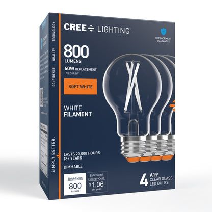 60W Replacement A19 White Filament Soft White Medium E26 Base Dimmable LED Light Bulb (4-Pack)