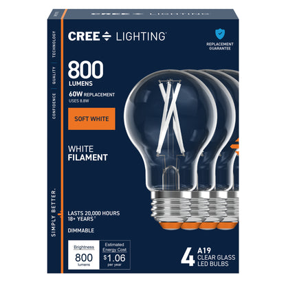 60W Replacement A19 White Filament Soft White Medium E26 Base Dimmable LED Light Bulb (4-Pack)
