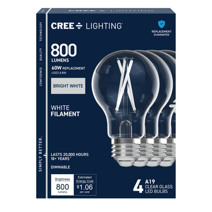 60W Replacement A19 White Filament Bright White Medium E26 Base Dimmable LED Light Bulb (4-Pack)