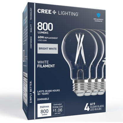 60W Replacement A19 White Filament Bright White Medium E26 Base Dimmable LED Light Bulb (4-Pack)