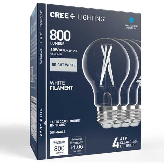 60W Replacement A19 White Filament Bright White Medium E26 Base Dimmable LED Light Bulb (4-Pack)