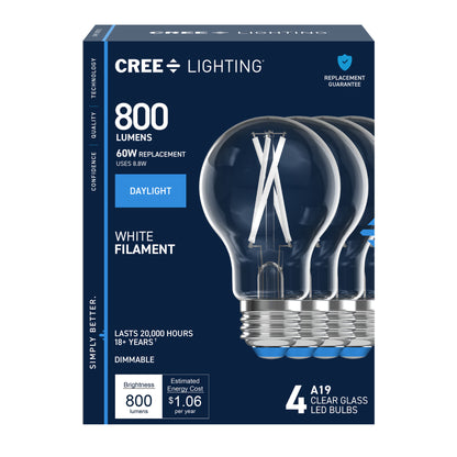 60W Replacement A19 White Filament Daylight Medium E26 Base Dimmable LED Light Bulb (4-Pack)