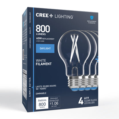 60W Replacement A19 White Filament Daylight Medium E26 Base Dimmable LED Light Bulb (4-Pack)