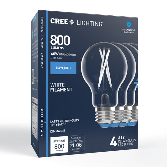 60W Replacement A19 White Filament Daylight Medium E26 Base Dimmable LED Light Bulb (4-Pack)