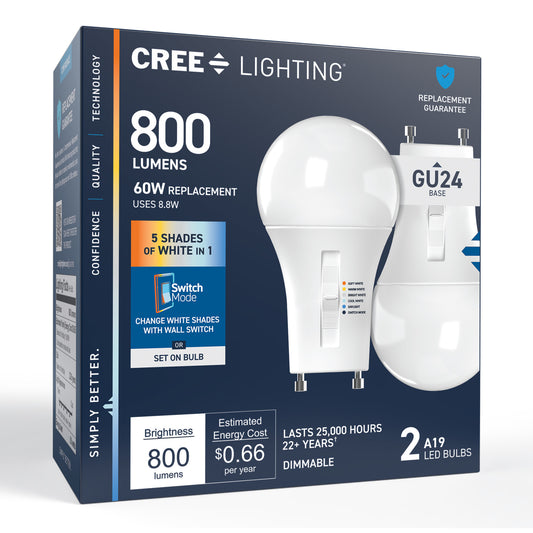 60W Replacement A19 5 Shades + Switch Mode Twist Lock GU24 Base Dimmable LED Light Bulb (2-Pack)