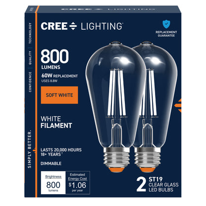 60W Replacement ST19 White Filament Soft White Medium E26 Base Dimmable LED Light Bulb (2-Pack)