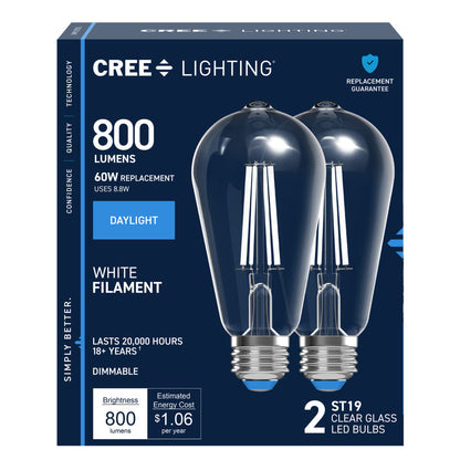 60W Replacement ST19 White Filament Daylight Medium E26 Base Dimmable LED Light Bulb (2-Pack)