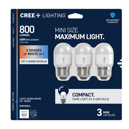 60W Replacement Mini Switchable White Medium E26 Base Dimmable LED Light Bulb (3-Pack)