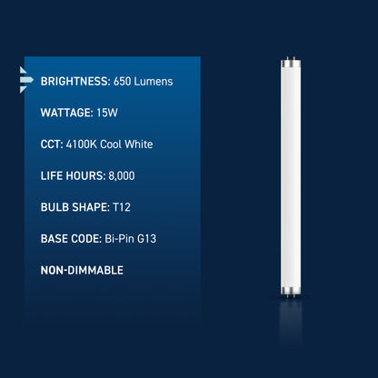 15W 18in T12 Cool White G13 Base Non-Dimmable Linear Fluorescent Light Tube